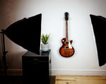Load image into Gallery viewer, Walnut &amp; Brass Floating Guitar Holder Wall Mount / minimalist simple guitar rack

