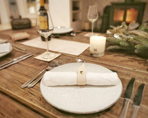 Table decoration set (for 6) Leather Napkin rings, center piece, coasters and leather dish. Christmas table dressing.