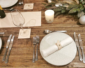 Table decoration set (for 6) Leather Napkin rings, center piece, coasters and leather dish. Christmas table dressing.