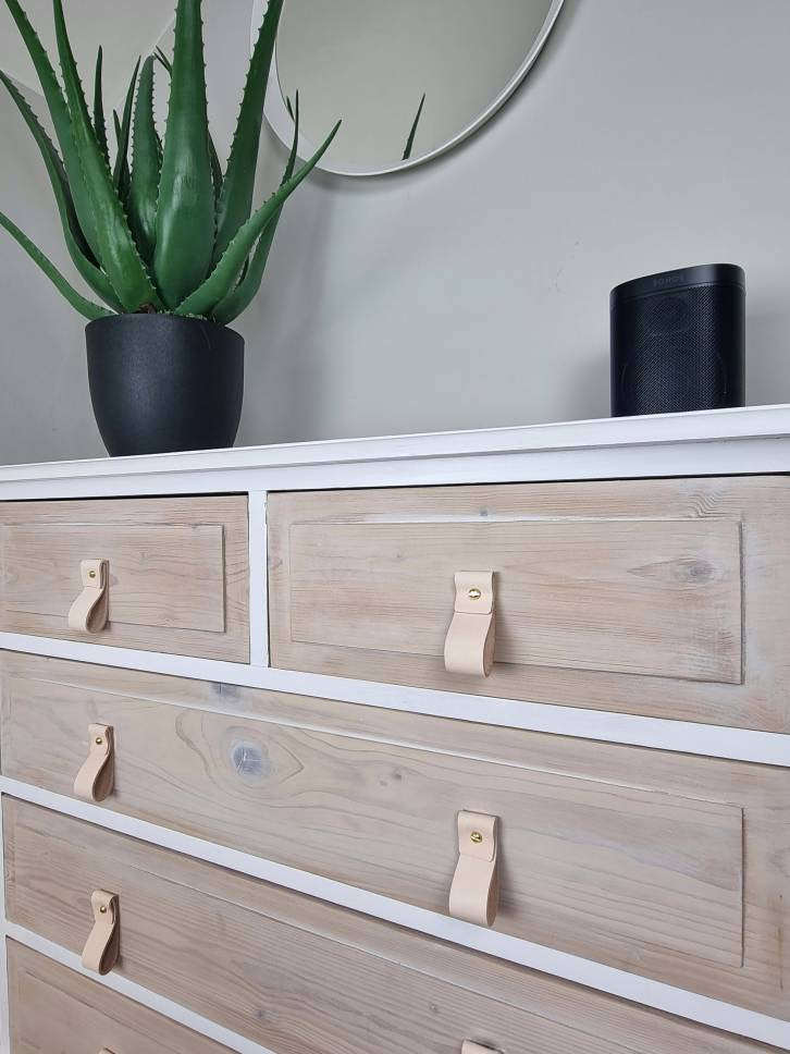 dresser with leather straps Wood and Leather Cabinet